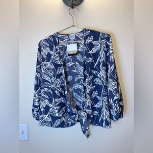 Cozy Co Floral Kimono Tie Front Top Navy White Leaf Print NWT Small
